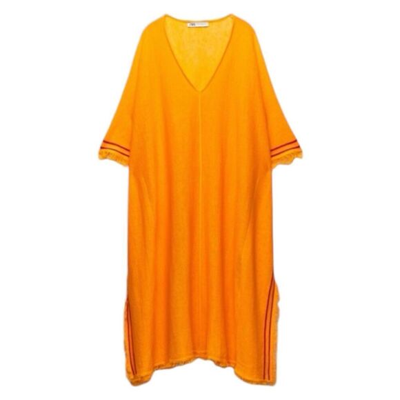 Zara Kaftan XS Orange Linen Blend Knit Oversized Lagenlook Cover Up Boho Poncho - Picture 2 of 11